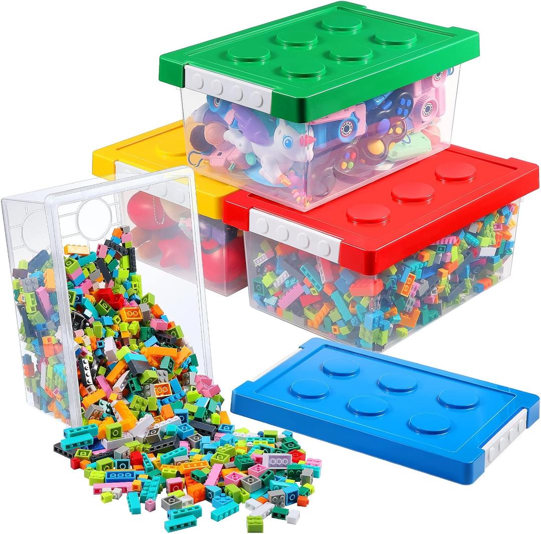Vicenpal 4 Pack Toy Storage Containers with Lids Brick Shaped Kids Toy Organizer Box Plastic Clear Stackable Bin Chest for Building Block Dolls(Small,Red, Yellow, Blue, Green)