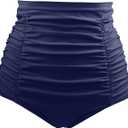 Tempt Me Women's High Waisted Swimsuit Bottom Tummy Control Ruched Bikini Bottom Vintage Swim Bottom Tankini Briefs (Large, 1 Navy Blue)