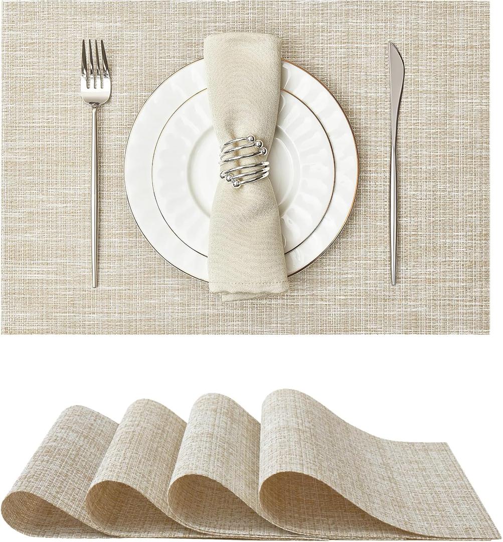 Leetaltree Sparkling Beige and Gold Vinyl Woven Placemats Set of 4 - Durable - Washable - Wipeable Dining Table Place Mats, Suitable for Indoor & Outdoor Use - Hand-Cut