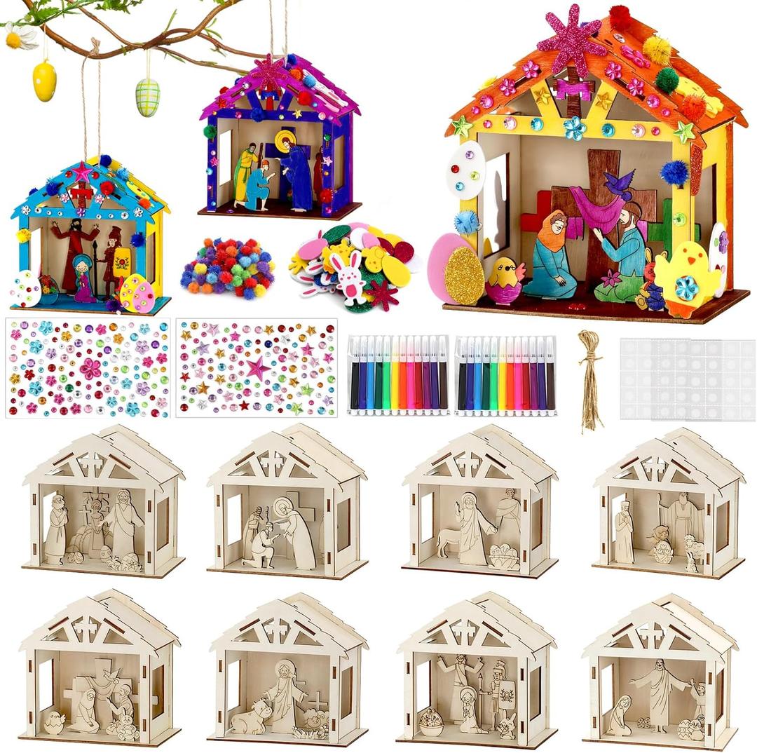8Pcs Christian Easter Crafts Wooden House for Boy Girl & Adult, Religious Easter Activities DIY Kit with Jesus He Is Risen Egg Bunny, Spring Bible Art Gift for Basket Stuffers Party Favors Decor Bulk