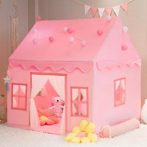 Large Kids Tent Playhouse Basic Mat with Star Lights, Flags and Tote Bags, Play Tent Indoor & Outdoor, Washable Teepee Tent for Boys & Girls, Kids Play House for ToddlerPink