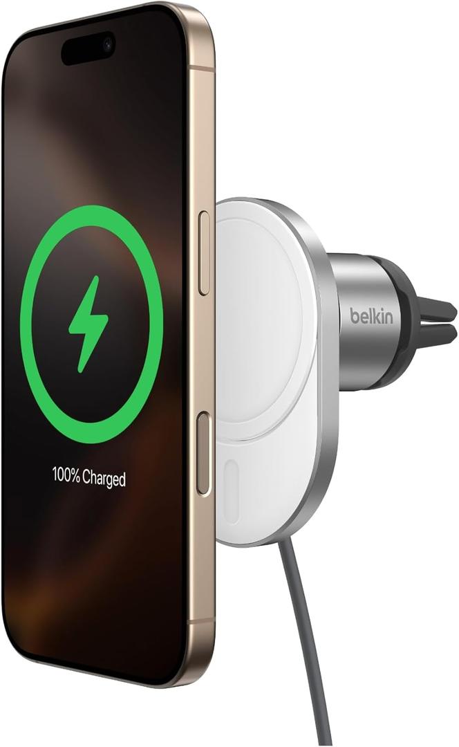 Belkin MagSafe-Compatible Wireless Car Charger 15W, Fast Charging Wireless Charger - Powerful Magnetic Vent Holder for iPhone 17, 16, 15, 14, 13 Series, Pixel 10, Secure Car Phone Mount - White