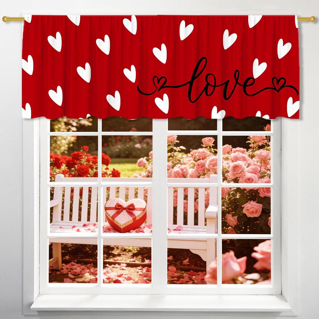 Valentine's Day Valance for Windows, Small Love Kitchen Decor Valance Curtain Rod Pocket Classic Country Farmhouse, Valentines Red Love Decorations 18x54 Inch Window Treatment for Bathroom Living Room