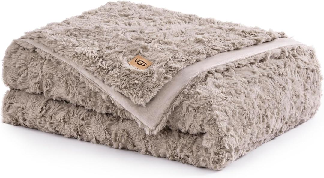 UGG Faux Fur Twin Size Blanket, Double-Sided Warm Cozy Blanket, Extra Large Throw for Sofa, Washable Bedding for Twin XL Size Bed, Cute Room Decor, 66" x 90", Oyster Brown (Adalee)