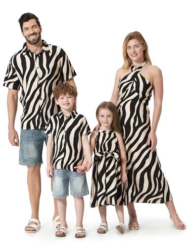 PATPAT Family Matching Hawaiian Outfits: Women Halter Tropical Maxi Sundress - Mommy and Me Matching Dresses for Vacation Beach Luau Cruise, Black Zebra Stripes, Women, Large