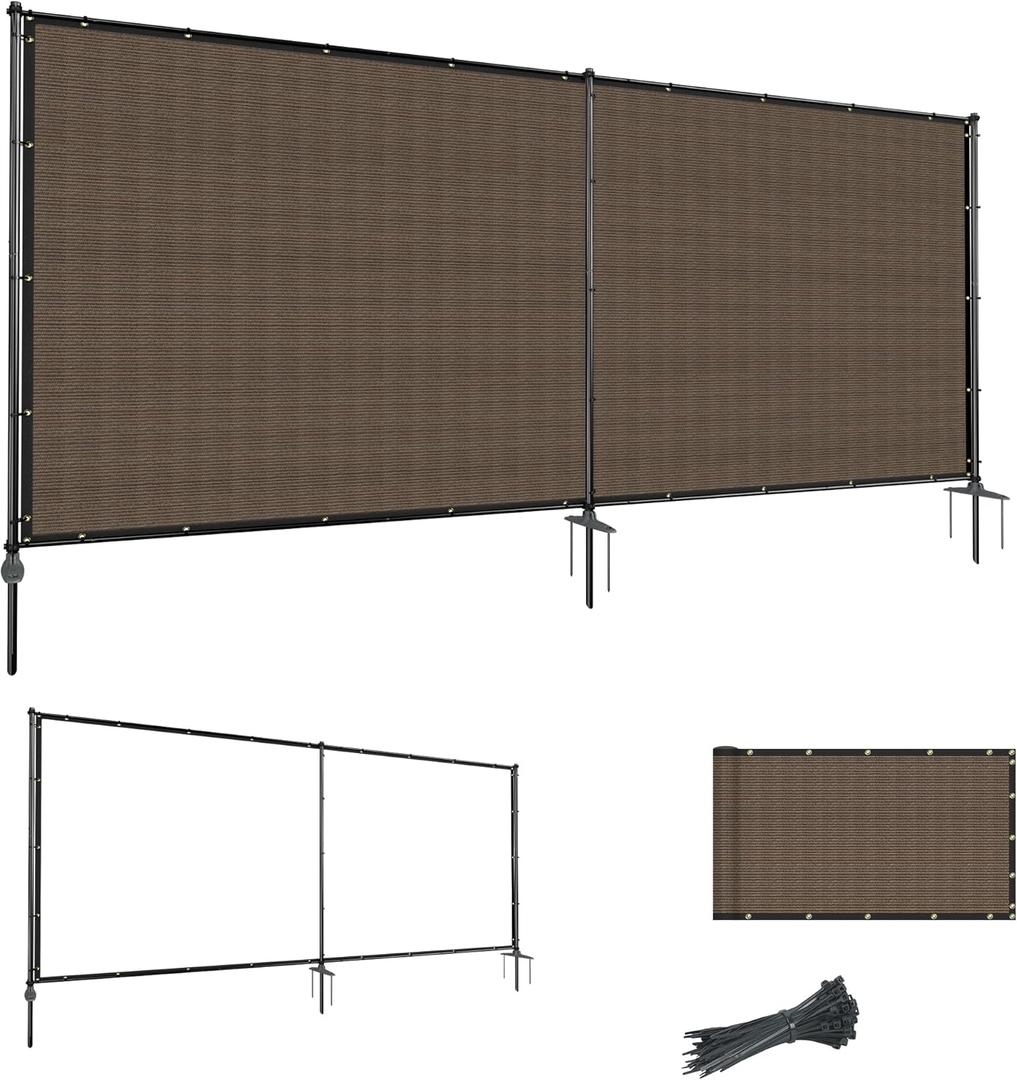 5'Hx12'W Outdoor Freestanding Privacy Screen Fence Panels with Iron Poles, Mesh Shade Net Cover Temporary Fencing for Patio Backyard Garden Deck, Brown