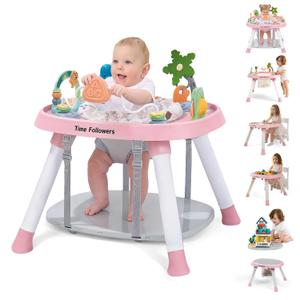 Time Followers 6-in-1 Baby Activity Center | 4 Stage Montessori-Inspired Toys | Grow Stationary Standing Toddler Table | Jumpers & Bouncers | Must Have for Boy & Girl 6, 12, 24+ Month Old (Pink)