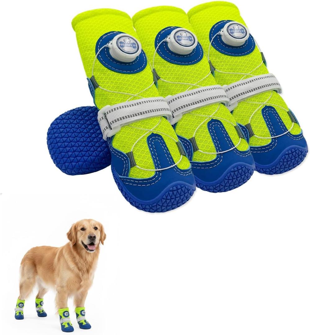 Huafly Tension Knob Dog Shoes Twist-Lock Dog Boots & Paw Protectors for Small Medium Large Dogs,Non-Slip Sole Breathable Mesh Reflective Strap for Hiking Camping Hot Pavement & Hard Floor (7# (Insole Width 3.0″)for 76~95lbs)