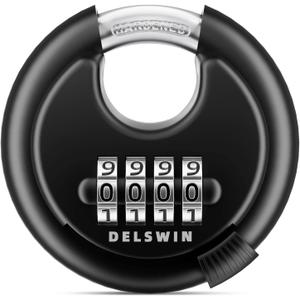 DELSWIN 4 Digit Combination Disc Padlock with Hardened Steel Shackle Combo Lock for Sheds, Storage Unit, School Gym Locker and Fence (Black,1Pcs)