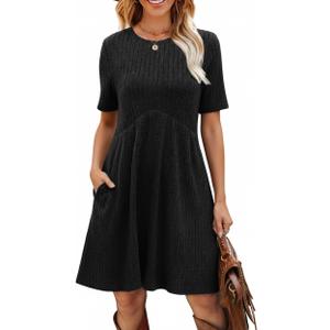 Ulovmi Women's Summer Casual Flowy A-Line Dresses Short Sleeve Ribbed Knit Swing Dress T-Shirt Sundress with Pockets (Black, L)