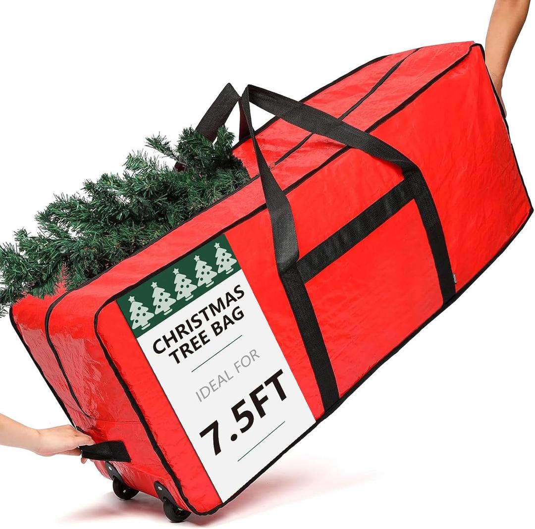 HOMEST Christmas Tree Storage Bag, Fits for 6/7.5 ft Xmas Artificials, Zippered Bag with Reinforced Carrying Handles and Wheels, Red (Bag Only)
