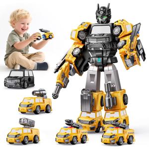 NewBandMo 5 in 1 Transform Magnetic Construction Trucks Toys Gifts for 3 4 5 6 Year Old Boys Kids, Easy DIY Assembly, Transform Trucks Toys for Boys Kids, Ideals 3 4 5 6 Year Old Boy Birthday Gift (Yellow-black)