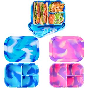 Layhit 2 Pcs Silicone Bento Box Reusable 3 Compartment Silicone Bento Lunch Container for Adults Microwave Dishwasher Freezer Safe (Pad Dyeing Colors)