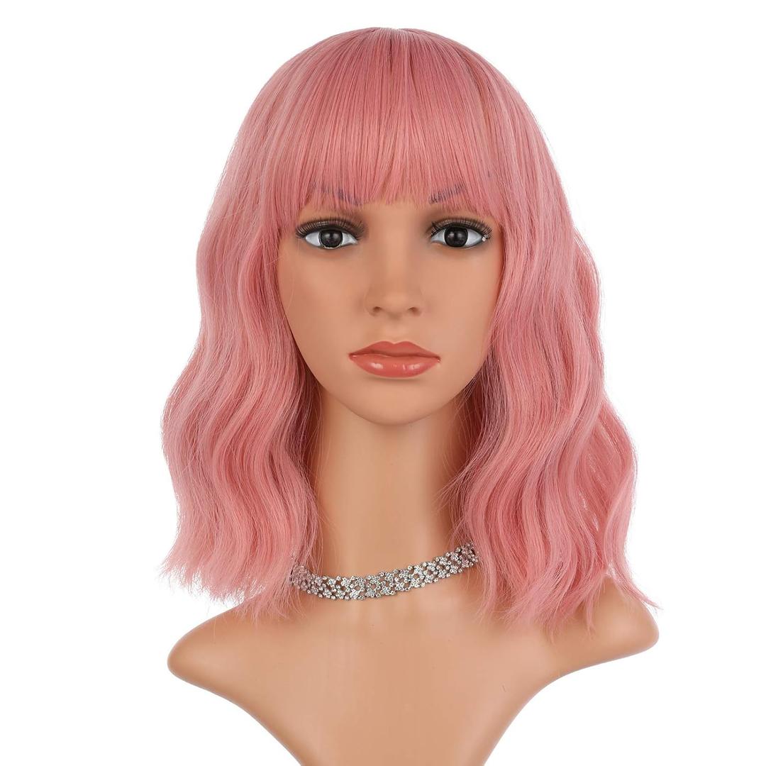 eNilecor Pink Wig, Short Colorful Synthetic Curly Pastel Wigs with Air Bangs for Women (14" Pink)