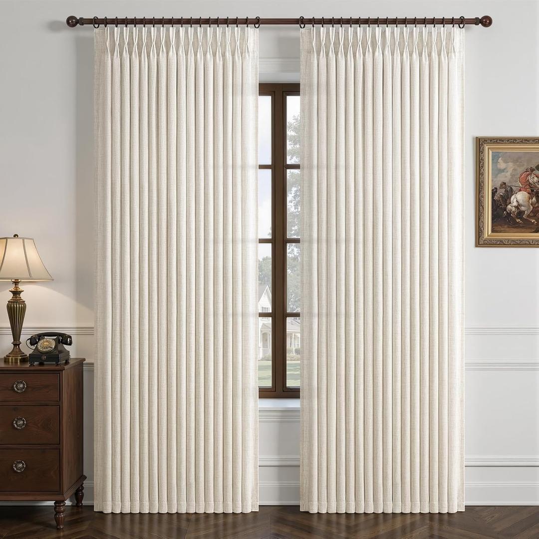 Pinch Pleated Linen 50 Inch Wide Curtains 96 Inches Long for Living Room, Memory Trained Pleat Boho Semi Sheer Birch Light Filtering Privacy Drapes 50x96 Inch Length 2 Panels Set Curtain Cream Ivory  Birch, 50"W x 96"L (Pack of 2)