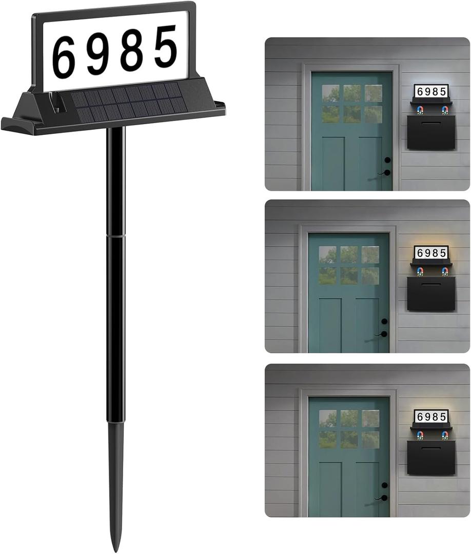 Solar Address Sign for House Numbers  Dual-Sided LED & Dual-Sided Solar Panels, 3 Color Modes, IP65 Waterproof Address Plaque, Strong Magnetic/Stake/Wall Mount, Dusk-to-Dawn for Mailbox Yard Driveway (1 Pack, 3000/4000/6000K)