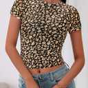 BTFBM Womens Sheer Mesh Summer Tops 2025 Crewneck Short Sleeve Print Ruched Crop Top Slim Fit Club Going Out T Shirts