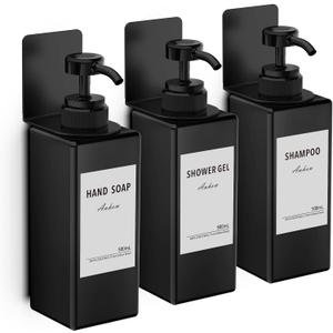 Shampoo and Conditioner Dispenser (Set of 3/16.9oz), No Drill Soap Dispenser Wall Mount Refillable Body Wash Dispenser with Category Labels for Kitchen Bathroom - Black