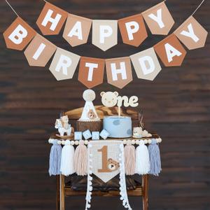 DCJHFJ Bear First Brown Felt Happy Birthday High Chair Banner Pre-strung Birthday Hanging Decoration with Birthday Hat One Cake Topper for 1st Birthday Party Decor
