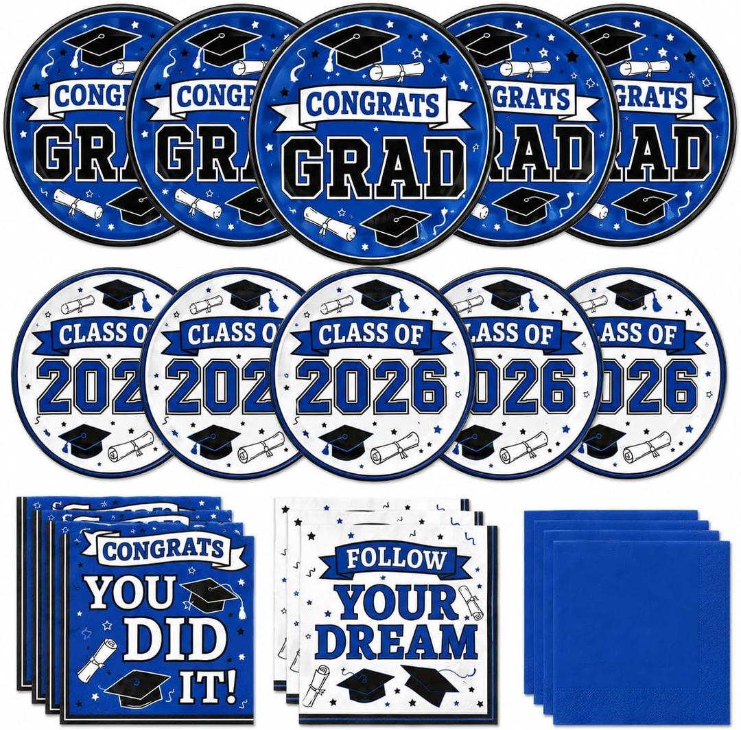 Graduation Plates and Napkins 2026, Congrats Grad Disposable Dinner & Dessert Paper Plates, and Napkins for Blue Graduation Party Decoration, Serves 50