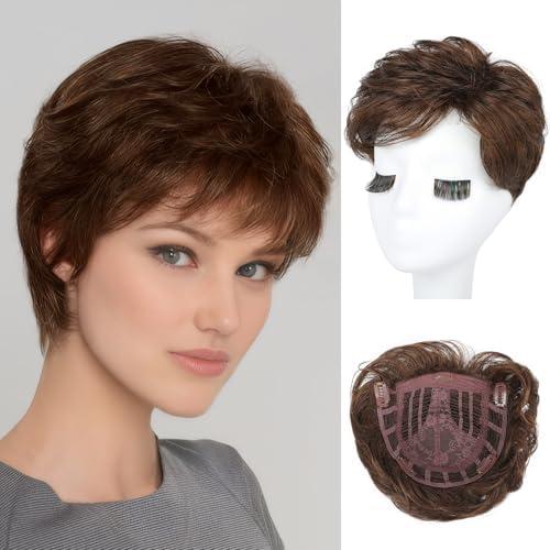 REECHO Hair Topper for Women - 100% Japanese Revolutionary Fiber Short Toupee Wiglet Topper Hairpiece for Women with Thinning Hair Loss Lightweight Large Base for Full Coverage - Dark Chocolate Brown