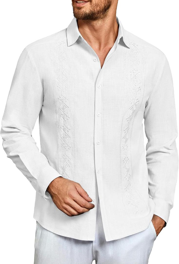 Makkrom Men's Casual Cotton Linen Button Down Shirts Cuban Guayabera Shirt Long Sleeve Summer Beach Tops, Large, White