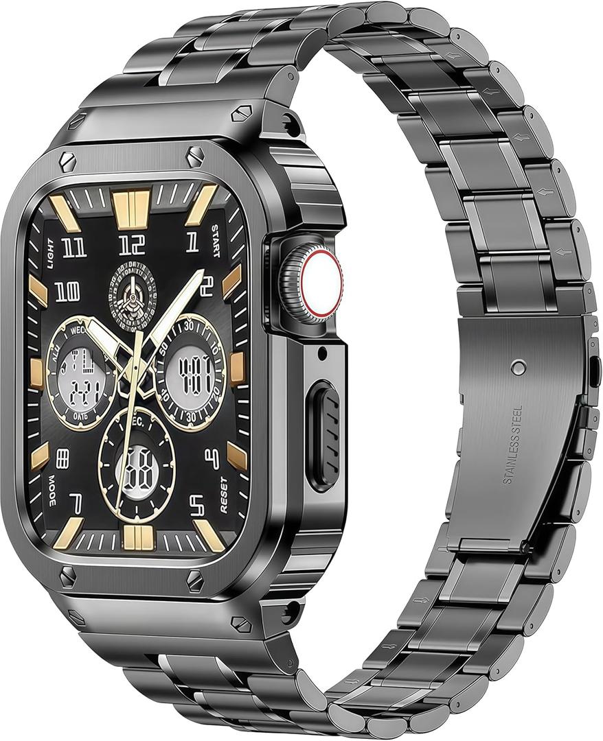 MioHHR Stainless Steel Watch Band with Case Compatible with Apple Watch Ultra3/2/1 Series 11 10 9 8 7 6 5 4 3 2 1 SE3/2/1, Metal Strap with Protective Cover for iWatch 49/46/45/44/42/41/40/38mm Men (Grey)