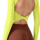 ABOCIW Open Back Long Sleeve Workout Tops for Women with Built in Bra Crew Neck Backless Athletic Yoga Cropped Top Gym T Shirts Lime Green Medium