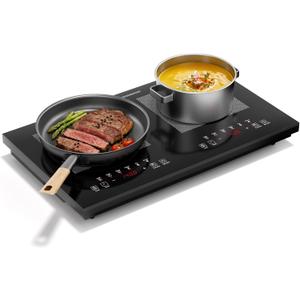 Double Induction Cooktop 1800W, Portable 2 Burner Electric Cooktop with Full Touch Control, 10 Power Levels, 4-Hour Timer, Safety Lock, 110-120V