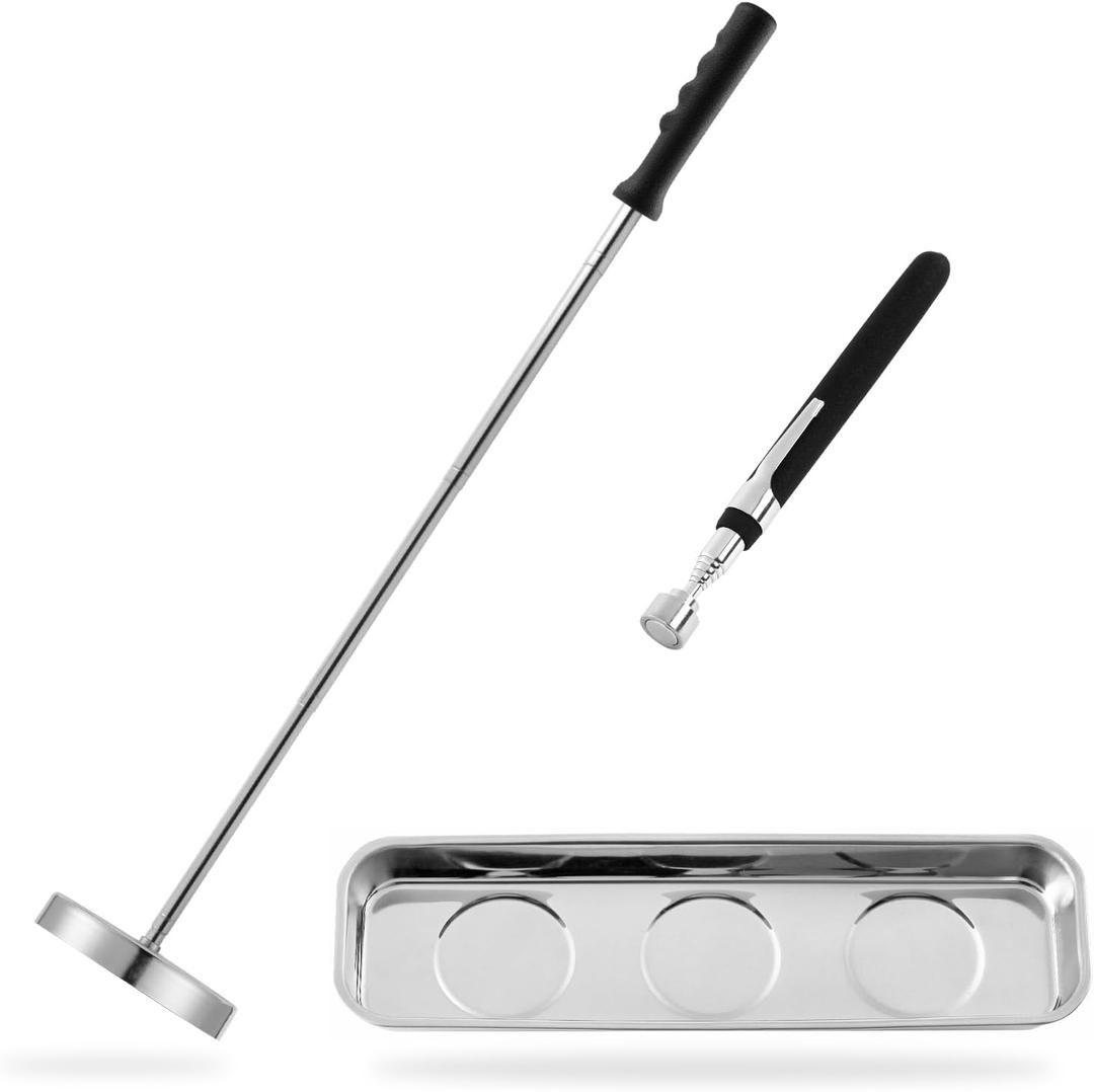 Rechabite 3PCS Magnetic Sweeper Telescoping Pick-up Tool, 35LB Screws Parts Finder, 3.5LB Magnet Stick, Rectangle Magnet Tray, For Pickup Nails, Metal Retrieving, Mechanic's Set (Large)
