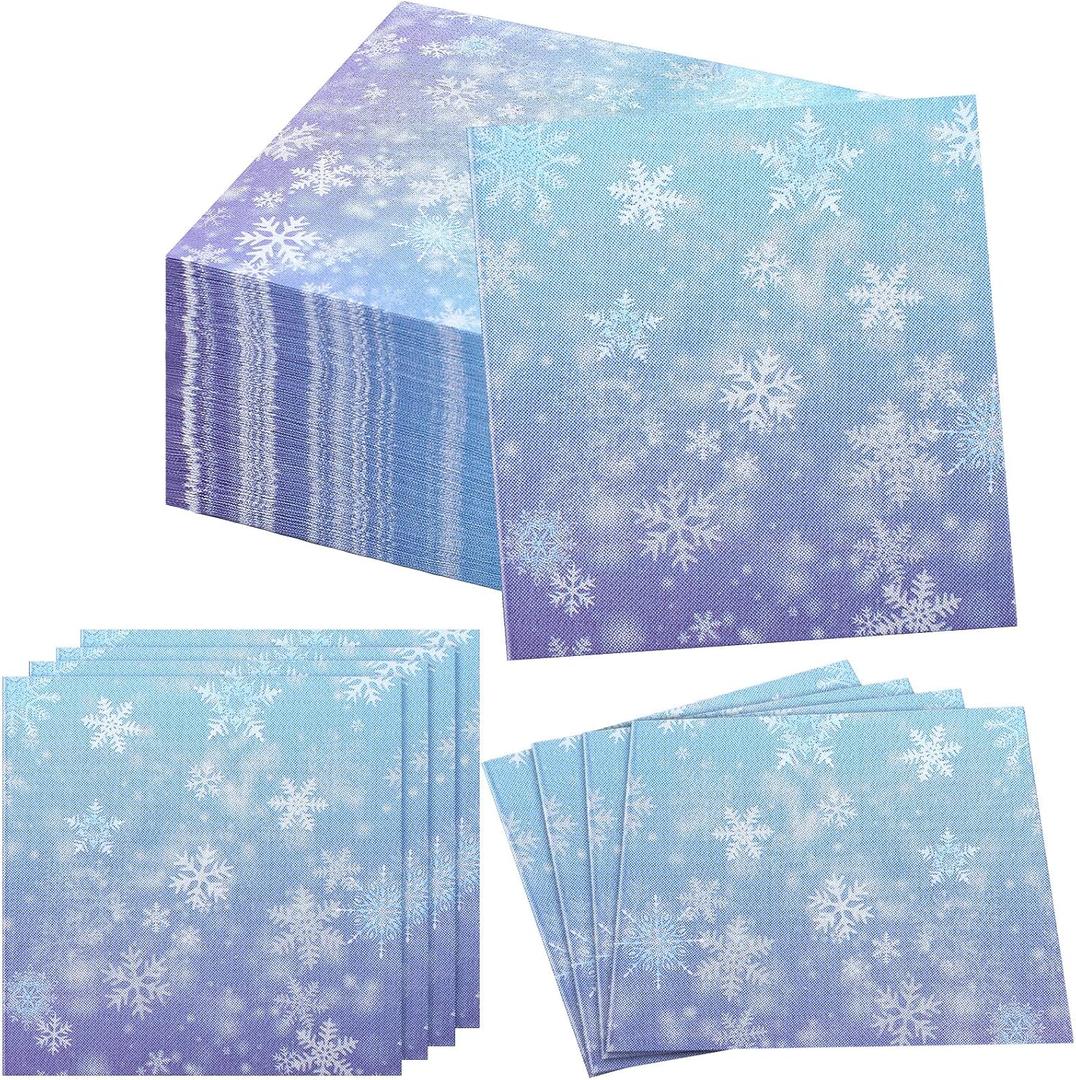 100 Pcs Bulk Snowflake Paper Napkins Gradient Blue and Purple 3 Ply Disposable Party Napkins for Guest Wonderland Party Hand Towel for Winter Birthday Supplies (9.84 x 9.84 Inches)