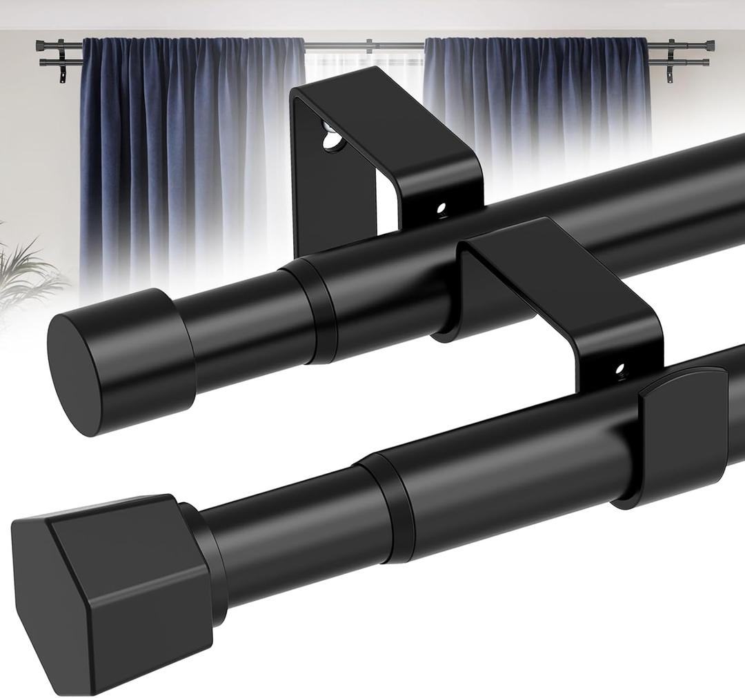 Black Double Curtain Rods for Windows,1 Inch Modern Heavy Duty Double Curtain Rod 30 to 100 Inch for Windows,Easy to Install, with Stable Brackets, Suitable for Bedrooms and Outdoors