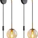 Wall Sconces Set of Two Black and Brass Gold  Plug in Wall Sconces Set of 2 with Globe Amber Glass Shade Wall Lights Wall Lamps for Bedrooms Sconces Wall Decor Set of 2 with Plug in Cord Switch