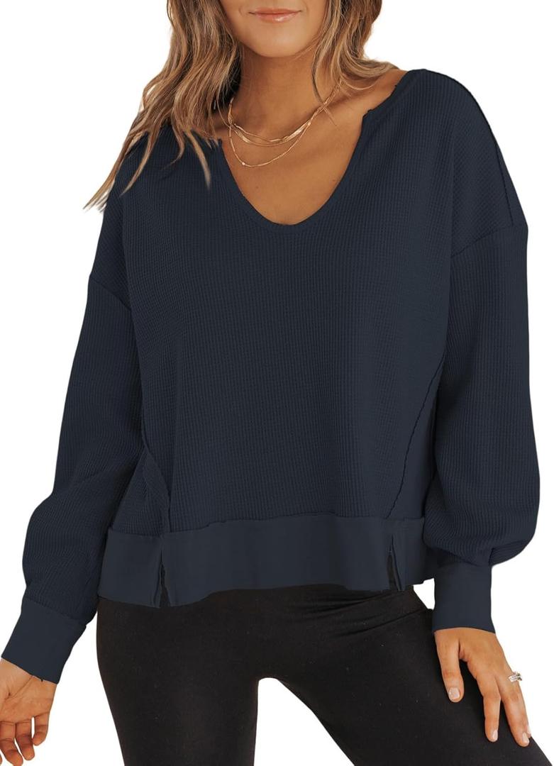 Dokotoo Womens Spring Outfits V Neck Waffle Knit Tops Cropped Sweaters Long Sleeve Pullover Crop Top (Small, Blue)