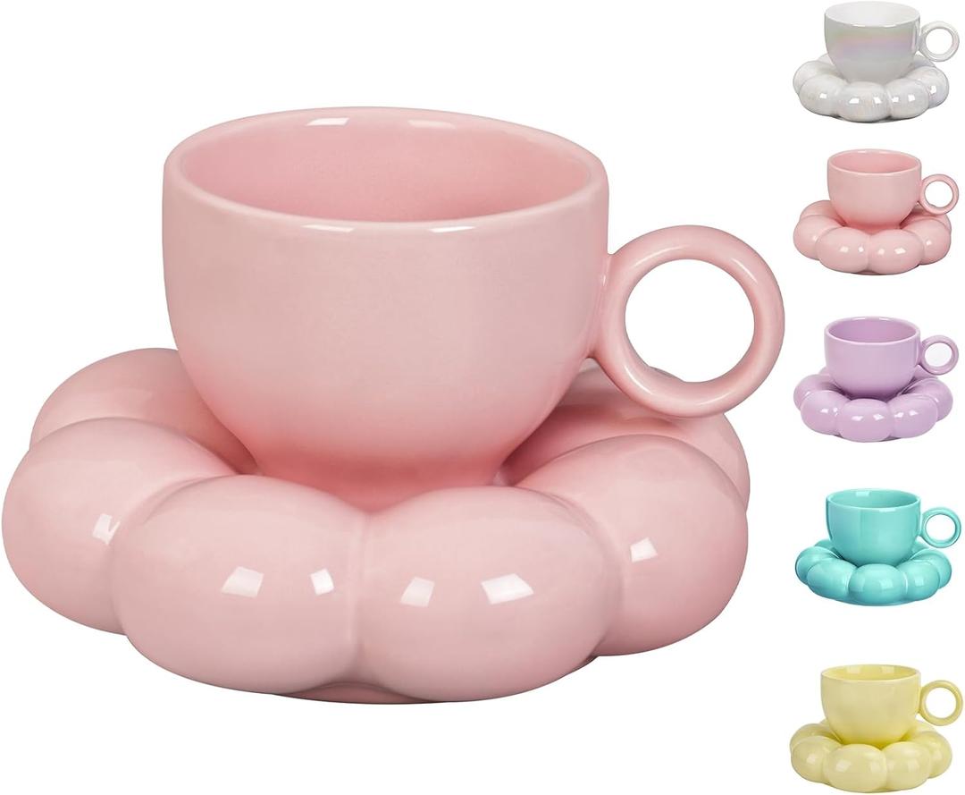 ARISKEY 10oz Coffee Mug for Women,Tea Cup and Saucer Set with Spoon,Perfect for Latte and Milk,Dishwasher and Microwave Safe,Suitable for Mom,Peach Pink