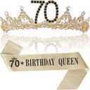 70th Birthday Crown and Sash for Women, 70 Tiara, Black Gold 70th Birthday Decorations Gifts Favors for Female Friends Sister Wife Mom
