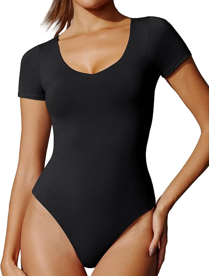 IUGA Bodysuits for Women Tummy Control Short Sleeve V Neck Body Suits for Womens Compression Slimming Thong Bodysuit, Size L