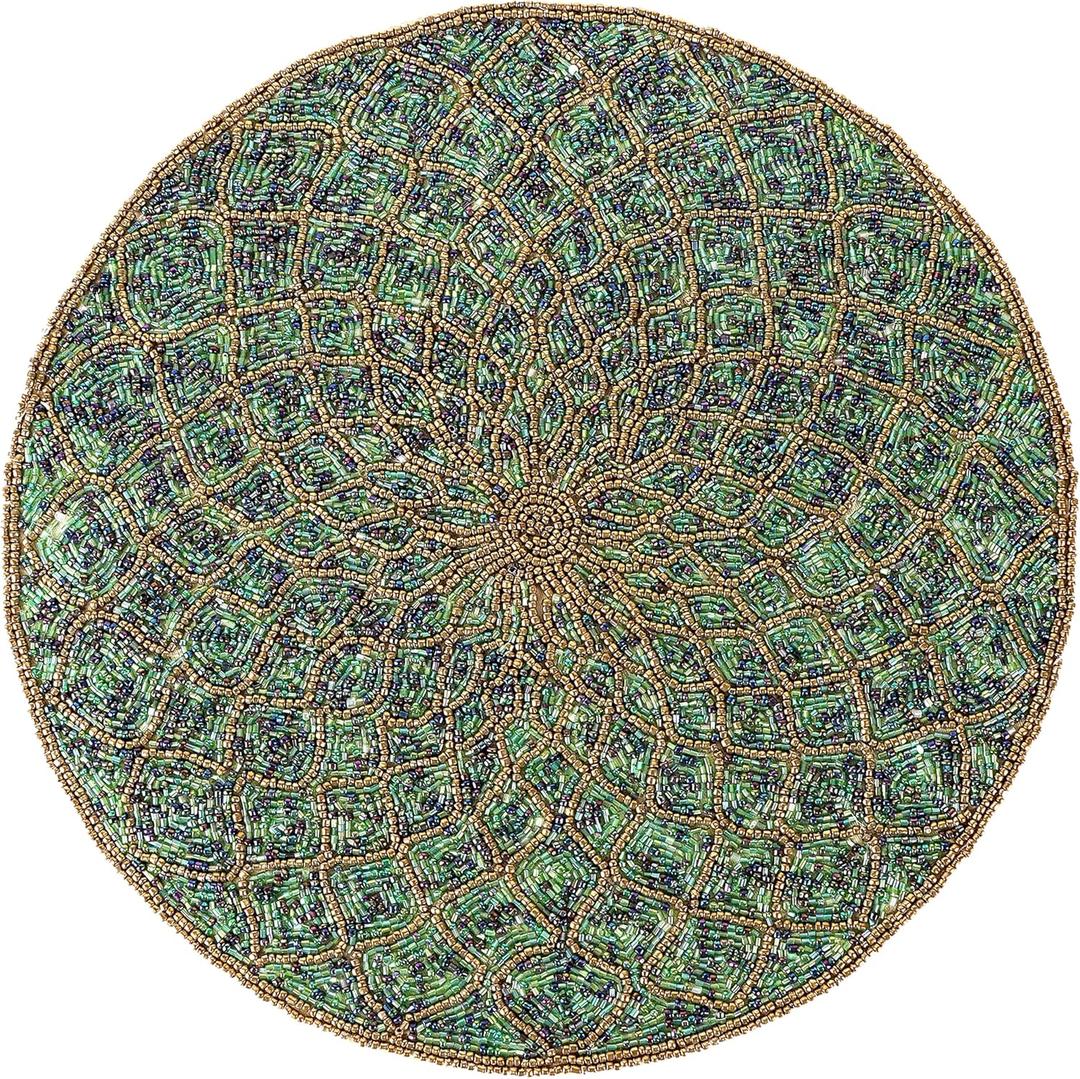 CLEENTABLE Farmhouse Beaded Placemats 13" Round - Decorative Glitz Christmas Beaded Charger Hand Made by Skilled Artisans - A Beautiful Complement to Your Dinner Table Dcor (Green Gold)