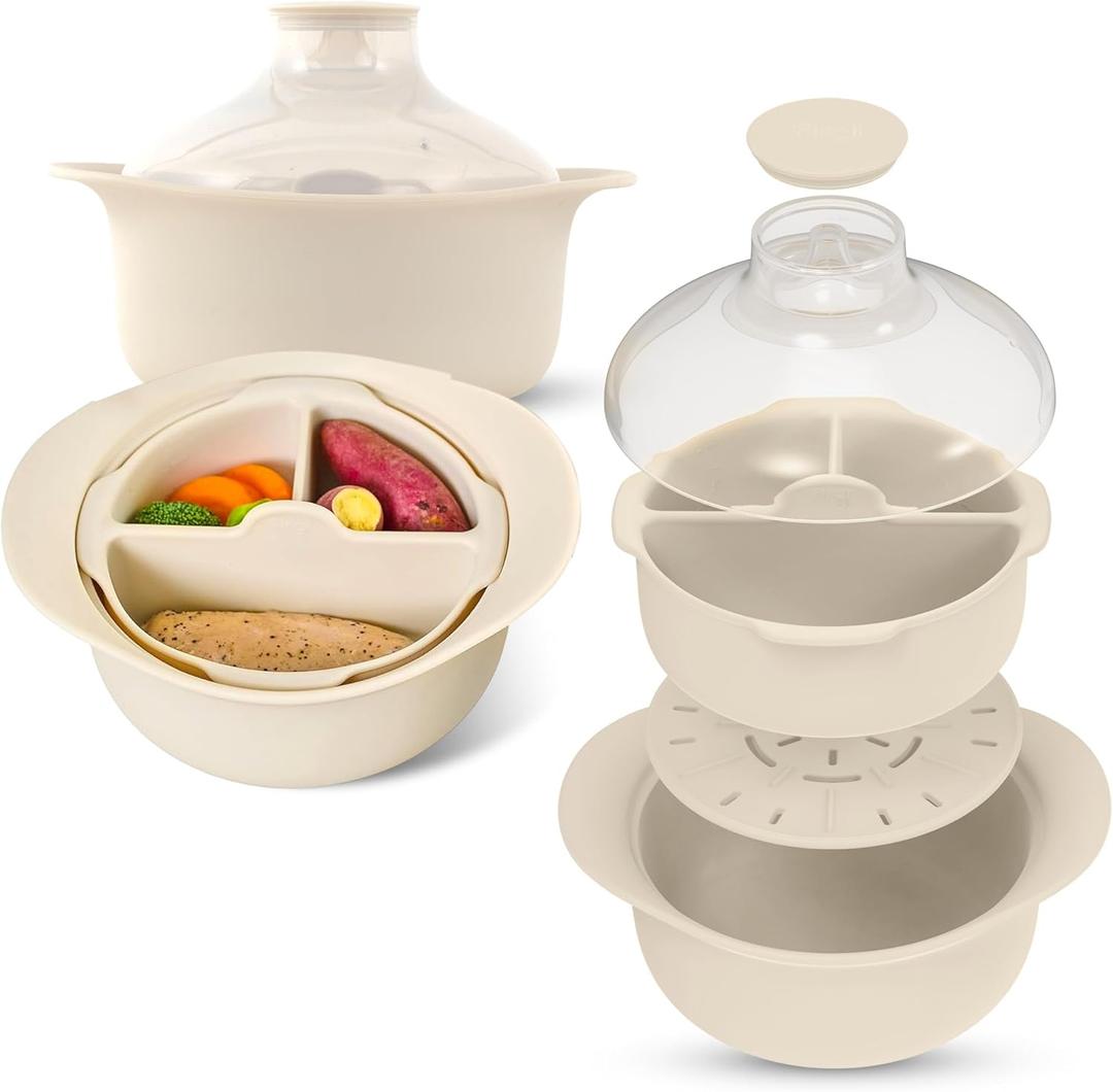 48oz Platinum Silicone 3 Compartmented Microwave Steamer Pot with Handle & Lid - Korean 100% Food-Grade Steamer Bowl, Heat-Resistant Cooker with Steam Holes, Easy Clean, Dishwasher Safe, Ivory