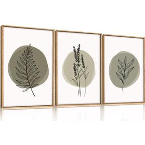 HOURIA Sage Green Leaves Framed Canvas Wall Art Set, Minimalism Boho Leaf Wall Decor, Modern Nature Botanical Wall Painting, Mid Century Plant Art Prints for Living Room, Bedroom, Farmhouse-24 x36 x3