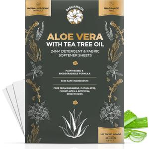 Aloe Vera & Tea Tree Oil 2-in-1 Laundry Detergent Sheets & Fabric Softener |Fragrance-Free, Hypoallergenic, Plant-Based, Eco-Friendly, Biodegradable, Deep Cleaning, Enzyme Powered, Baby Safe 50 Sheets