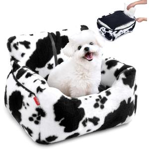 BurgeonNest Dog Car Seat for Small Dogs, Detachable and Washable Cat Carseats Under 25 lbs, Soft Pet Booster Seats with Storage Pockets and Clip-On Leash Portable Car Travel Carrier Bed, Milk Cow