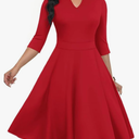 Church Dress for Women V Neck 3/4 Sleeve Midi Causal Cocktail Party A-Line Dresses with Pockets, Large, Red