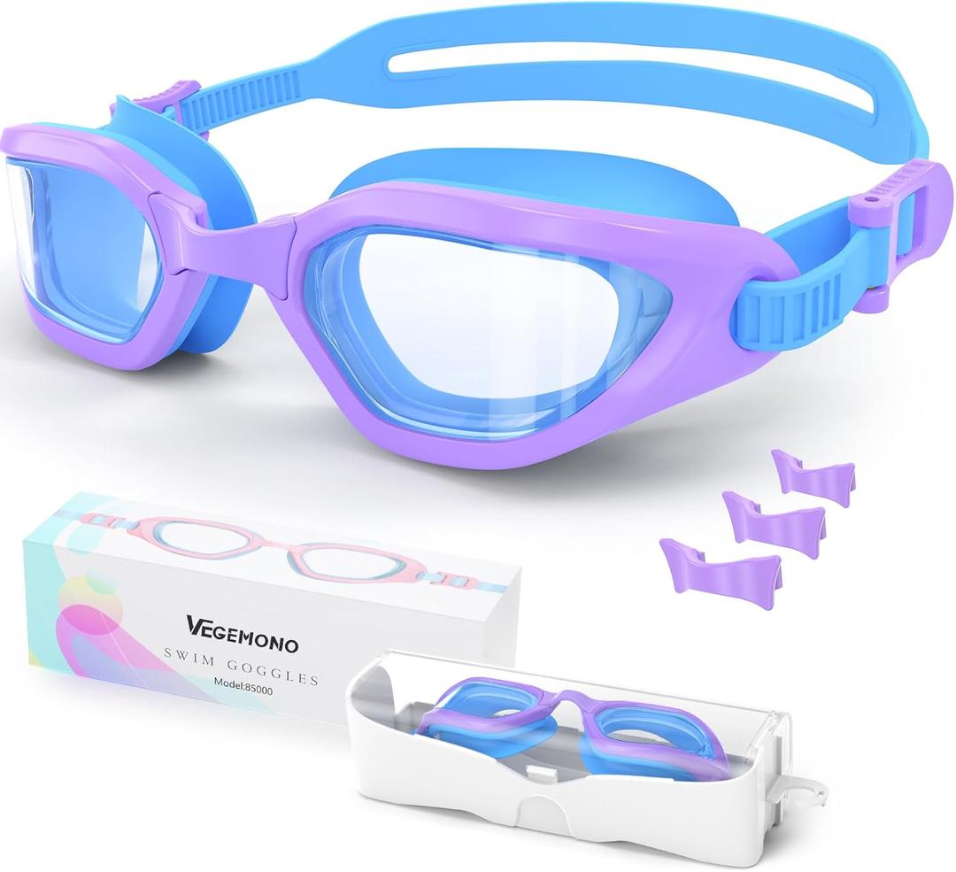 Kids Swim Goggles in Dual-Tone, Adjustable Nose Pads & Soft Silicone for Leak-proof(6-14), Clear Vision & Anti-Fog & Anti-UV (Light Purple)