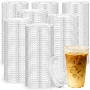 Hortsun 1000 Count 98mm Clear Flat Lids with Straw Slot Fits 16, 20, 24 oz Cups Disposable PET Plastic Transparent Cup Lids for Summer Iced Coffee Milkshake Ice Cream Party Supplies