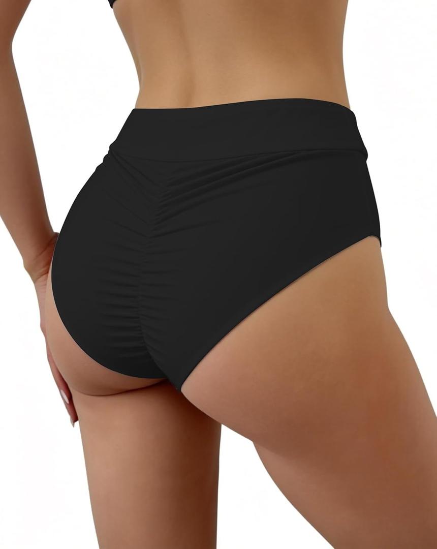 WODECASA Womens High Waisted Bikini Bottoms Ruched Scrunch Butt Swim Briefs Tummy Control High Cut Bathing Suit Bottom 2026, Medium, Black