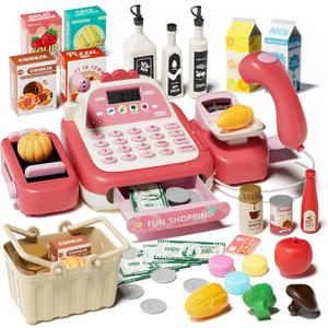 STACTCUTE 49PCS Pretend Play Cash Register Toy Set for Kids with Real Calculator,Scanner,Microphone,Conveyor Belt,Weighing Tool,Cashier Playset Realistic Gift for Toddler Kid Ages 3 4 5 6 7 8Pink