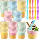 100 Pcs Ice Cream Cups with Spoons Paper Dessert Cups Colorful Sundae Bowls Disposable Ice Cream Containers for Hot Soup Spring Summer Graduation Bar Party Supplies (4 oz)