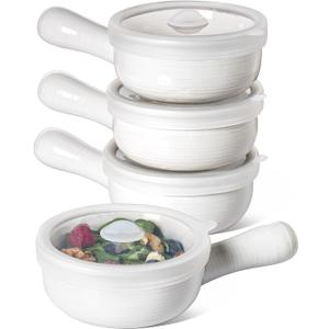 LE TAUCI Soup Bowls with Handles and Silicone Lids, 15 Oz French Onion Soup Bowls, Non-Toxic Ceramic Soup Crocks for Noodles, Stew, Cereal and Chilli, Oven Microwave Dishwasher Safe, Set of 4, White