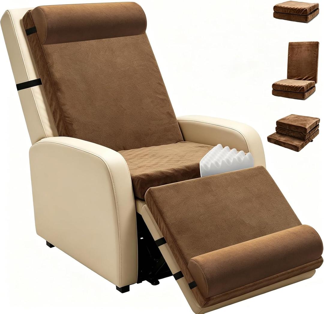 5-in-1 Recliner Egg Crate Foam Seat Cushion with 27'' High Back,Footrest and 2 Adjustable Half Moon Pillows, Non-Slip Recliner Pads with Velvet Cover for Elderly, Brown